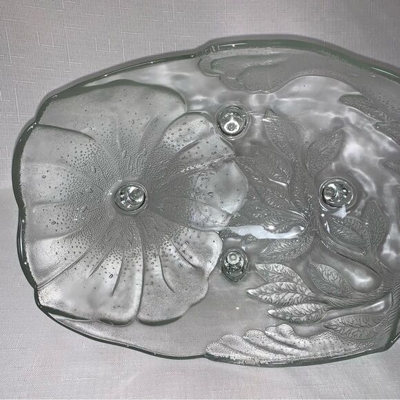 Vintage Glass Punch Bowl Clear Glass Fruit Footed Oblong Poppy Flowers Servwear - Picture 3 of 9